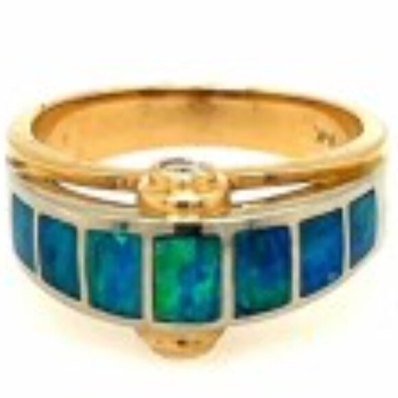 14K Opal Diamond Yellow Gold Dome Size 7. 3/4 Stunning Turquoise Blue Ring - Picture 2 of 5